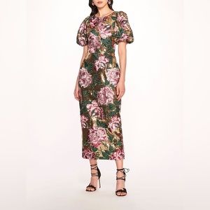 Marchesa Notte Bubble Sleeve Sequin Midi Dress